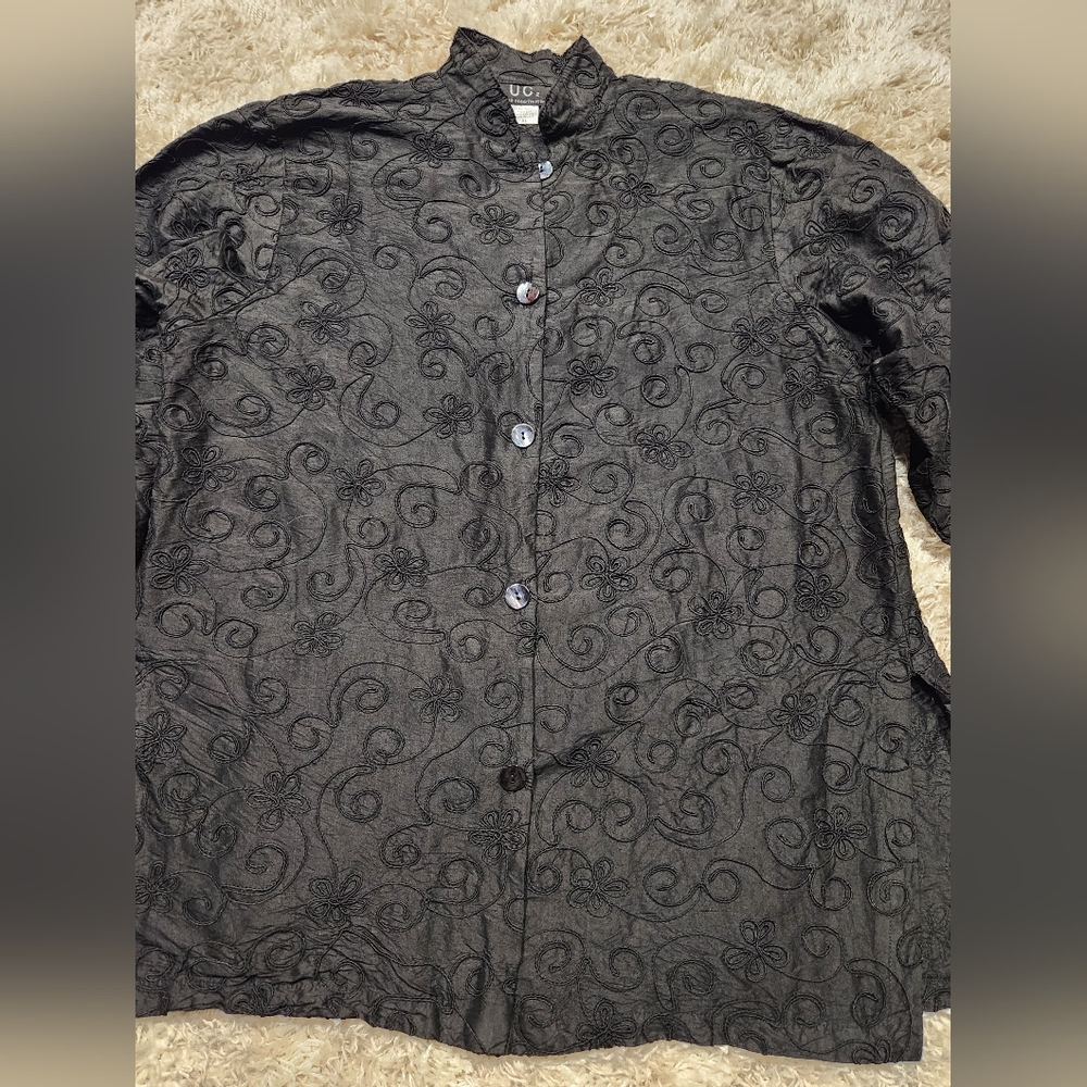 UC2 Under Construction Black Embroidered 100% Silk Button Down Blazer Jacket XL